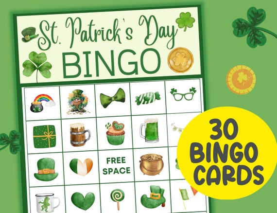 St. Patrick's Day Bingo Game, 30 St. Patrick's bingo cards Printable, St. Patricks Classroom Bingo game, St Patricks Day party game