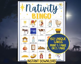 May include: A printable Nativity Bingo game card with a blue and yellow design. The card features illustrations of Nativity characters and objects, with the words "Nativity Bingo" at the top. The card also includes the text "150 Unique Cards" and "Instant Download".