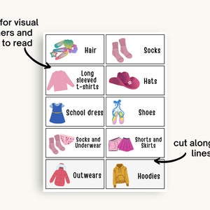 May include: A printable set of 8 cards with illustrations of clothing items for kids. Each card has a picture and a label. The labels include: Hair, Socks, Long sleeved t-shirts, Hats, School dress, Shoes, Socks and Underwear, Shorts and Skirts, Outwears, Hoodies. The text "cut along the lines" is written on the right side of the image.