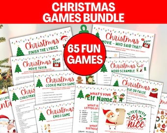 Pode incluir: Um pacote de jogos de Natal com vários cartões temáticos. Os cartões incluem jogos como "Termine a letra", "Trivia de filmes" e "Jogo de combinação de biscoitos". O pacote é rotulado como "Pacote de jogos de Natal" e inclui 65 jogos divertidos.