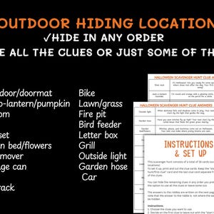May include: A black and white Halloween scavenger hunt game with outdoor hiding locations. The game includes a list of hiding spots, clue cards, and instructions for setup. The text on the image reads "Outdoor Hiding Locations".