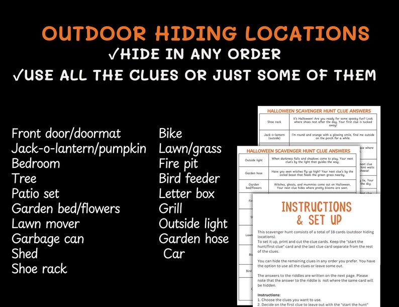May include: A black and white Halloween scavenger hunt game with outdoor hiding locations. The game includes a list of hiding spots, clue cards, and instructions for setup. The text on the image reads "Outdoor Hiding Locations".