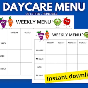 Menu dell'asilo nido settimanale, Menu prescolare, Menu del pranzo settimanale per l'asilo nido, Menu della scuola a domicilio, Pianificatore dei pasti dell'asilo nido a casa, modello di menu dell'asilo nido