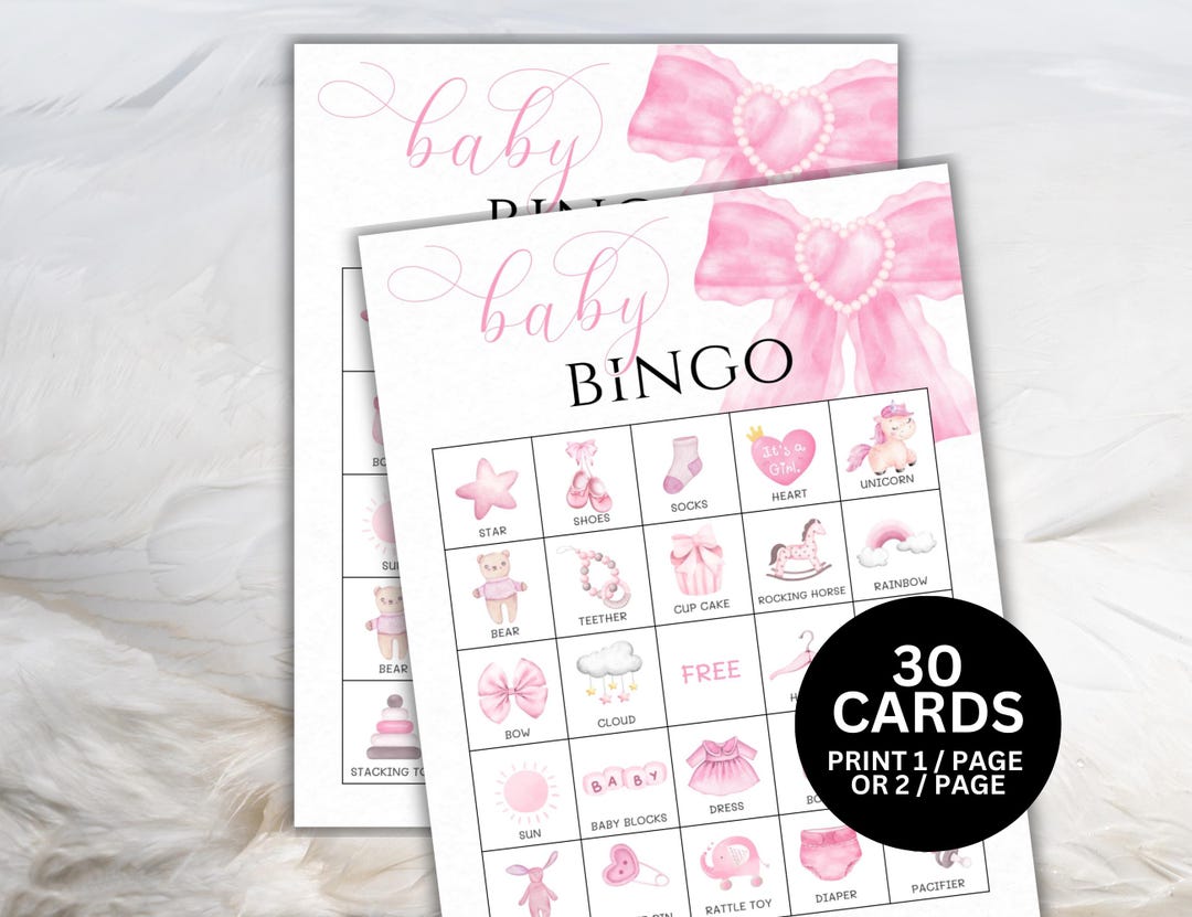 Girl Baby Shower Bingo Cards, Pink Bow Baby Shower Game, Girl Baby ...