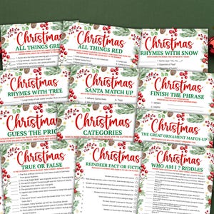 May include: A collection of Christmas-themed game cards with various titles like "All Things Green," "Rhymes with Snow," and "True or False." Each card features festive red berries, green leaves, and the word "Christmas" in a decorative font.