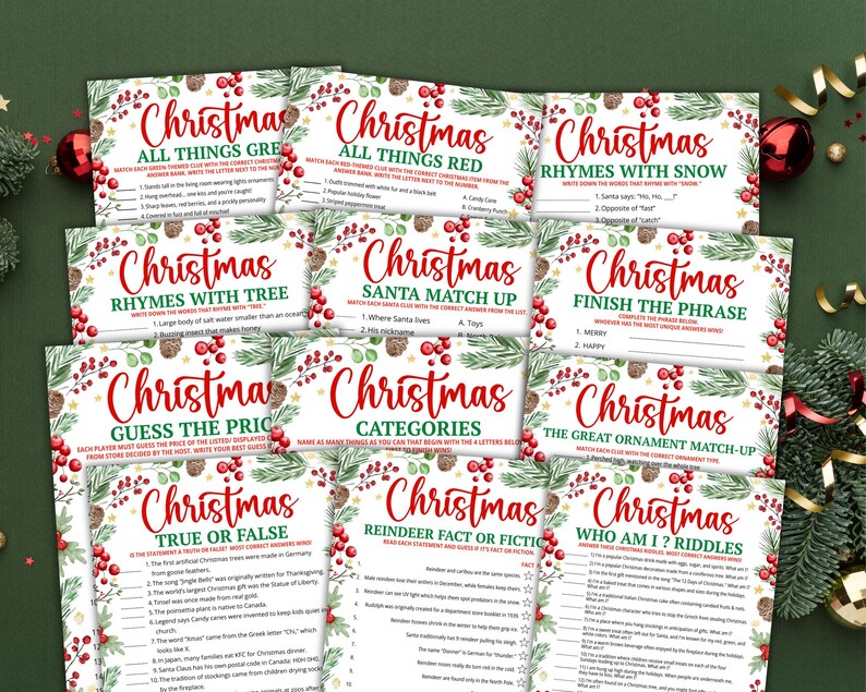 May include: A collection of Christmas-themed game cards with various titles like "All Things Green," "Rhymes with Snow," and "True or False." Each card features festive red berries, green leaves, and the word "Christmas" in a decorative font.