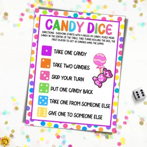 Op de afbeelding: Een kleurrijk Candy Dice-spel om af te drukken met een paarse rand en stippen. De spelinstructies worden weergegeven met dobbelsteeniconen en snoepillustraties. Een witte dobbelsteen is zichtbaar in de hoek.