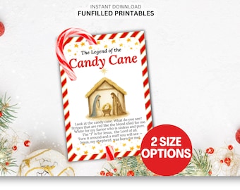 May include: A Christmas-themed printable featuring the text "The Legend of the Candy Cane." The design includes a candy cane, a red and white striped border, and an illustration of the Nativity scene. The text explains the symbolism of the candy cane.
