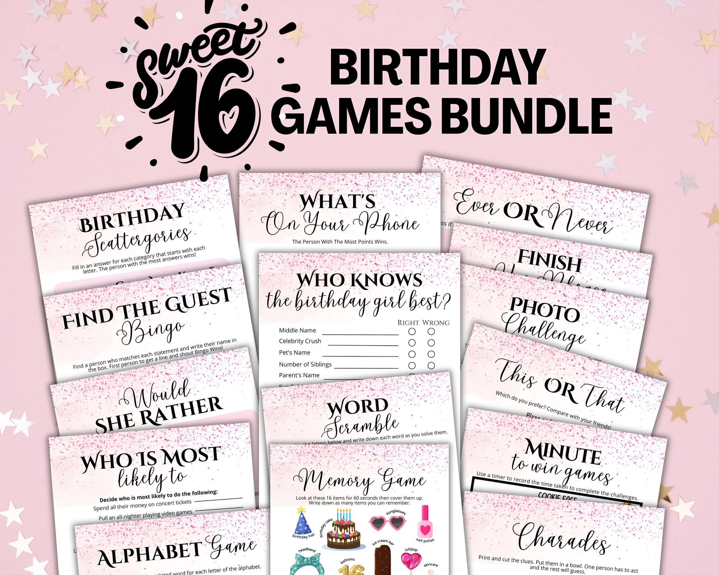 Sweet 16 Birthday Party Games Bundle, Printable 16th Birthday Games for