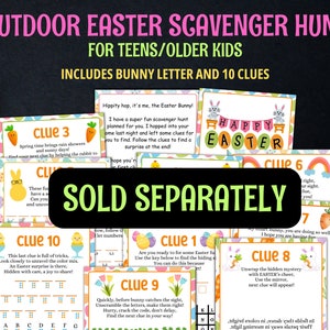 May include: A printable Easter scavenger hunt for teens and older kids. The colorful printable includes a bunny letter and 10 clues. The clues are displayed on colorful cards with images of bunnies, chicks, and carrots. The text on the cards includes the words "Happy Easter" and "Sold Separately".