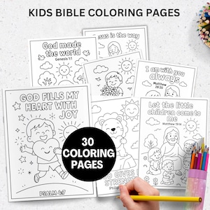 May include: A collection of black and white Kids Bible Coloring Pages with illustrations and Bible verses. The image includes a variety of drawings, a container of colored pencils, and the text "30 COLORING PAGES".