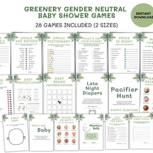 Baby Shower Games, Eucalyptus Greenery Baby Shower Games, Printable Baby Shower Activities, Gender Neutral Baby Shower Party Games