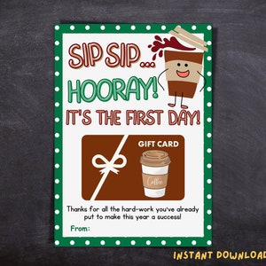 Porta-cartão de presente do professor de volta às aulas, Sip Sip Hooray Feliz primeiro dia de presentes do professor da escola, porta-cartão de presente do café do professor imprimível