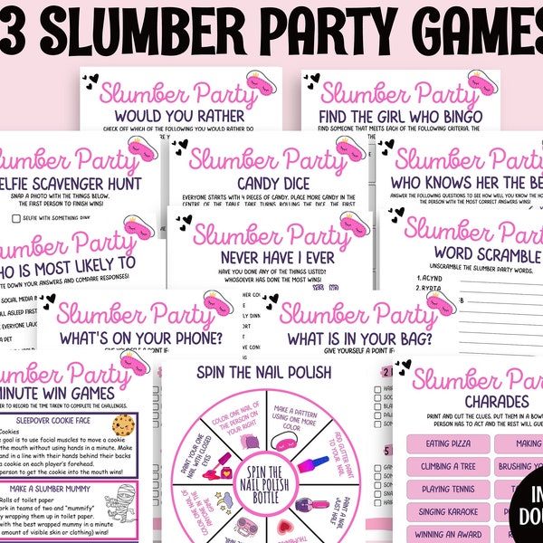 Slumber Party Games Bundle, Slumber Party Games For Girls, Sleepover Birthday Party Games, Pink Tween Slumber Party Games, Pajama Night Game