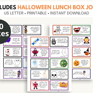 May include: A set of 30 printable Halloween lunch box jokes. The cards are purple, green, and orange with black text. Each card features a Halloween-themed illustration and a joke. The text on the cards includes: "What do you call a witch that lives at the beach?", "What do birds say on Halloween?", "Why didn't the skeleton cross the road?", "How do you spell candy with only two letters?", "What is a ghost's favorite dessert?", "Why did the vampires cancel the baseball game?", "What do ghosts eat for supper?", "What do ghosts wear when their eyesight gets blurred?", "What is the most important subject a witch learns in school?", "Where do ghosts like to travel on vacation?", "What's the best way to get rid of a demon?", "Why are skeletons so calm?", "Why did the skeleton go to the barbecue?", "What kind of pants do ghosts wear?", "What's a zombie's favorite cereal?", "What type of plates do skeletons like to use?", "Why don't skeletons like Halloween candy?", "Why did the vampire need mouthwash?", "What do you give vampires when they're sick?", "How do you fix a cracked pumpkin?", "What's a pumpkin's favorite sport?", "Where do ghosts shop?"
