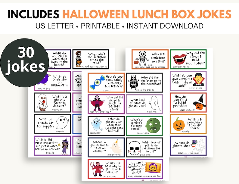 May include: A set of 30 printable Halloween lunch box jokes. The cards are purple, green, and orange with black text. Each card features a Halloween-themed illustration and a joke. The text on the cards includes: "What do you call a witch that lives at the beach?", "What do birds say on Halloween?", "Why didn't the skeleton cross the road?", "How do you spell candy with only two letters?", "What is a ghost's favorite dessert?", "Why did the vampires cancel the baseball game?", "What do ghosts eat for supper?", "What do ghosts wear when their eyesight gets blurred?", "What is the most important subject a witch learns in school?", "Where do ghosts like to travel on vacation?", "What's the best way to get rid of a demon?", "Why are skeletons so calm?", "Why did the skeleton go to the barbecue?", "What kind of pants do ghosts wear?", "What's a zombie's favorite cereal?", "What type of plates do skeletons like to use?", "Why don't skeletons like Halloween candy?", "Why did the vampire need mouthwash?", "What do you give vampires when they're sick?", "How do you fix a cracked pumpkin?", "What's a pumpkin's favorite sport?", "Where do ghosts shop?"