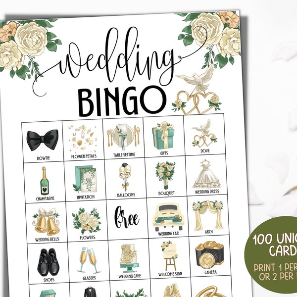 100 Wedding bingo cards, Wedding reception games, Wedding party table games for adults, Kids activity, Wedding shower, Bachelorette games