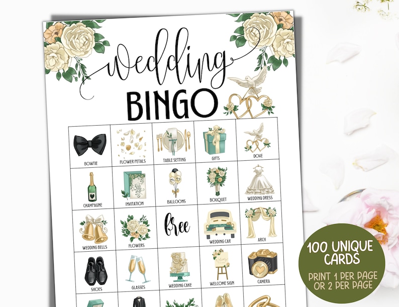 K&ouml;nnte beinhalten: Eine druckbare Hochzeit-Bingo-Karte mit einem gr&uuml;nen und goldenen Blumendesign. Die Karte enth&auml;lt 25 Felder mit Bildern von Hochzeitsartikeln wie Fliege, Champagner, Hochzeitsglocken und Hochzeitstorte. Das freie Feld in der Mitte der Karte ist mit "free" beschriftet. Die Karte ist zum Ausdrucken und Verwenden bei einer Hochzeitsfeier gedacht.