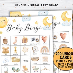 Jogo de Bingo para Chá de Bebê, Bingo Grande para Chá de Bebê com Gênero Neutro, 200 Cartões de Bingo para Bebê, Estrela, Lua e Sol para Todas as Estações, Atividade para Chá de Bebê