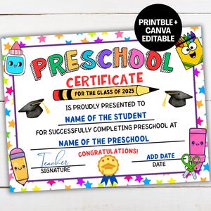 Preschool Graduation Certificate Editable, 2025 Printable Graduation Diploma Template, Preschool Ceremony Graduate Certificate Kids Keepsake