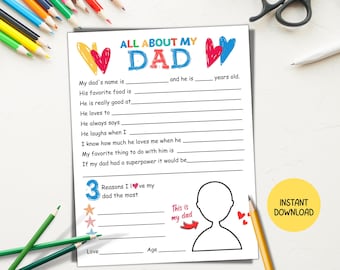 All About My Dad Questionnaire Printable Fathers Day Gift, Fill in Blank Dad Worksheet Page, Kids Fathers Day Question Interview