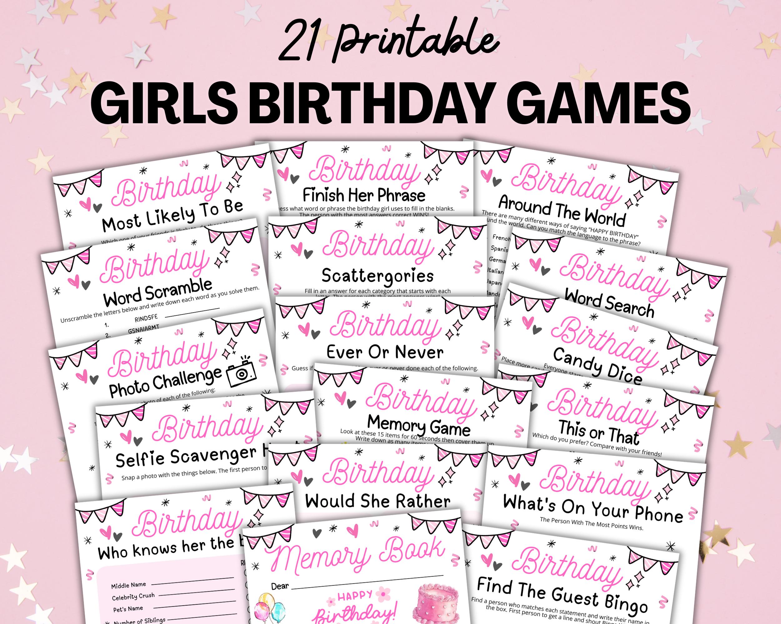 Girls Birthday Party Games, Cute Pink Girls Bday Party Games, Tween 13th Sweet 16 Teen Birthday Games Printable, Girls Birthday Activity