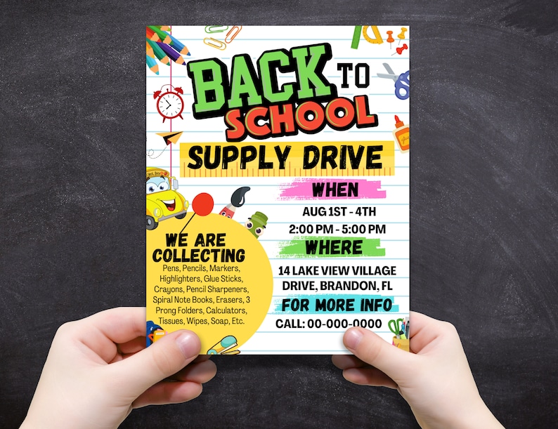 May include: A colorful flyer for a Back to School Supply Drive. The flyer includes the text "Back to School Supply Drive" in green and red, along with a list of needed supplies and event details. The flyer is held by a person.