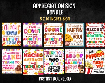 Waarderingsteken Afdrukbare bundel voor personeel Waardering, leraar waardering poster, teammedewerker verpleegkundige ontbijt Lunch Snack tafelbord