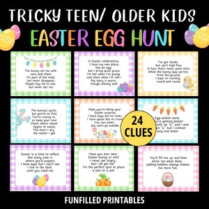 May include: A colorful Easter Egg Hunt game for teens and older kids. The image features a grid of 24 clues with riddles and illustrations, along with the text "Tricky Teen/Older Kids Easter Egg Hunt" and "Funfilled Printables."