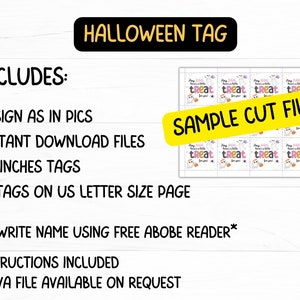 May include: A digital printable sheet featuring 12 Halloween tags, each measuring 2.5 inches, with the text 'Hey BOO, here's a little tREAT for you!' alongside ghost and pumpkin graphics. The layout includes a yellow banner labeled 'SAMPLE CUT FILE'.