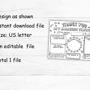 May include: Black and white printable thank you card for a teacher. The card has space for the student to write the teacher's name, why they are the best, what they learned, and what they like about the teacher. The card also has a space for the student to draw a picture of the teacher. The card says "Thank You My Amazing Teacher!" at the top.