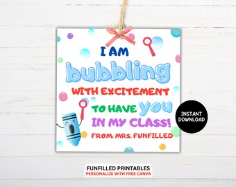 Bubbles Back To School Tag, First Day Of School Student Gift, Back To School Favor, BUBBLING With Excitement Meet The Teacher Classroom Gift