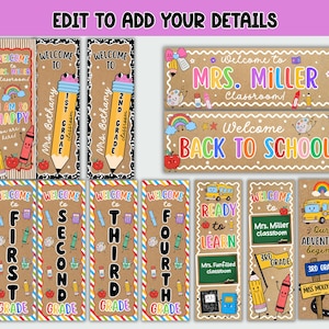 Pu&ograve; includere: Una collezione di cartelli e striscioni stampabili per porte di aule scolastiche con sfondi in carta kraft, illustrazioni colorate di materiale scolastico e testo che include Welcome to Mrs. Miller Classroom, Back to School e i livelli dal primo al quarto.