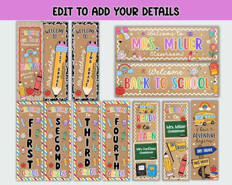 Pu&ograve; includere: Una collezione di cartelli e striscioni stampabili per porte di aule scolastiche con sfondi in carta kraft, illustrazioni colorate di materiale scolastico e testo che include Welcome to Mrs. Miller Classroom, Back to School e i livelli dal primo al quarto.