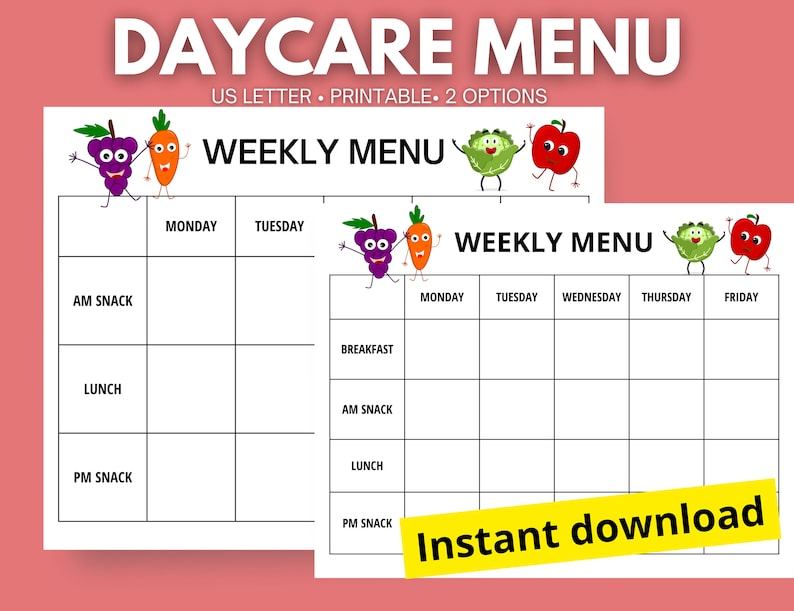 Daycare Menu Weekly Preschool Menu Weekly Lunch Menu for - Etsy