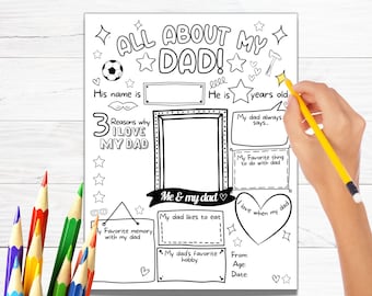 All About My Dad Printable Fathers Day questionnaire Dad Gift from Kids, DIY Fathers Day Coloring Card Worksheet Activity, Birthday Gift Dad