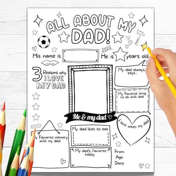 All About My Dad Printable Fathers Day questionnaire Dad Gift from Kids, DIY Fathers Day Coloring Card Worksheet Activity, Birthday Gift Dad
