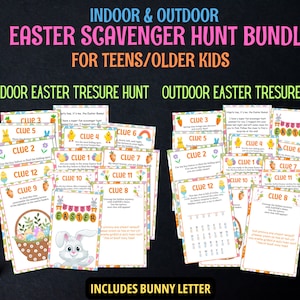 Paquete de búsqueda del tesoro de Pascua para adolescentes y preadolescentes, búsqueda del tesoro de Pascua al aire libre y en interiores para niños mayores, búsqueda de huevos de Pascua para adolescentes, carta de conejito