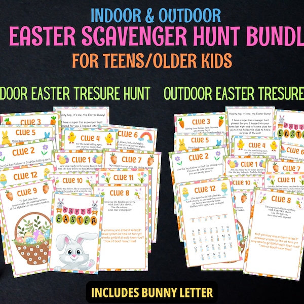 Easter Scavenger Hunt For Teens Tweens Bundle, Outdoor & Indoor Easter Treasure Hunt For Older Kids, Easter Egg Hunt For Teens, Bunny Letter