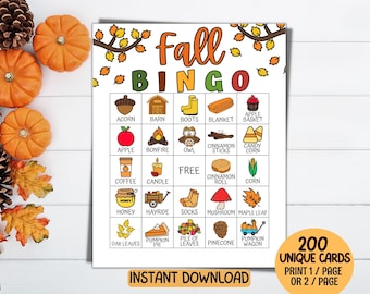 May include: A Fall Bingo game sheet featuring colorful autumn-themed illustrations like acorns, pumpkins, and leaves. The grid includes text labels for each icon, a central free space, and the text 'Fall BINGO' at the top. Includes 200 unique cards.
