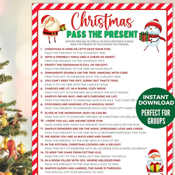 Christmas Pass The Present Game, Fun Christmas Party Game Group, Pass The Gift Christmas Game for Adults Kids, Family Work Holiday Gift Game