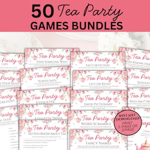 Puede incluir: Un conjunto de juegos imprimibles para fiestas de t&eacute;. Las tarjetas presentan dise&ntilde;os florales y las palabras "Tea Party" en una escritura elegante. Los juegos incluyen "I Spy", "Fact or Fiction" y "Emoji Pictionary".