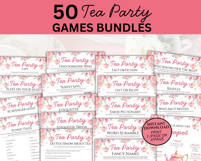 Puede incluir: Un conjunto de juegos imprimibles para fiestas de t&eacute;. Las tarjetas presentan dise&ntilde;os florales y las palabras "Tea Party" en una escritura elegante. Los juegos incluyen "I Spy", "Fact or Fiction" y "Emoji Pictionary".