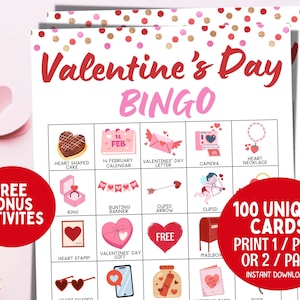 100 valentijnsbingokaarten, afdrukbaar valentijnsspel, kinderbingospel voor kinderen, eenvoudig familiespel voor volwassenen valentijnsdag, groot feestspel