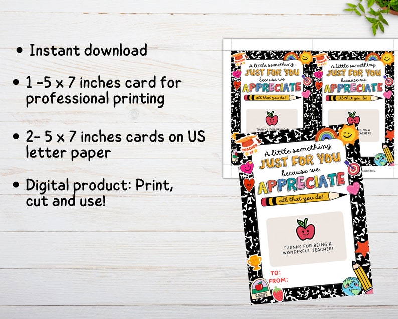 May include: Printable teacher appreciation cards with a colorful, doodle-style design. The cards feature the text "A little something just for you because we appreciate all that you do!" and a space for a personalized message.