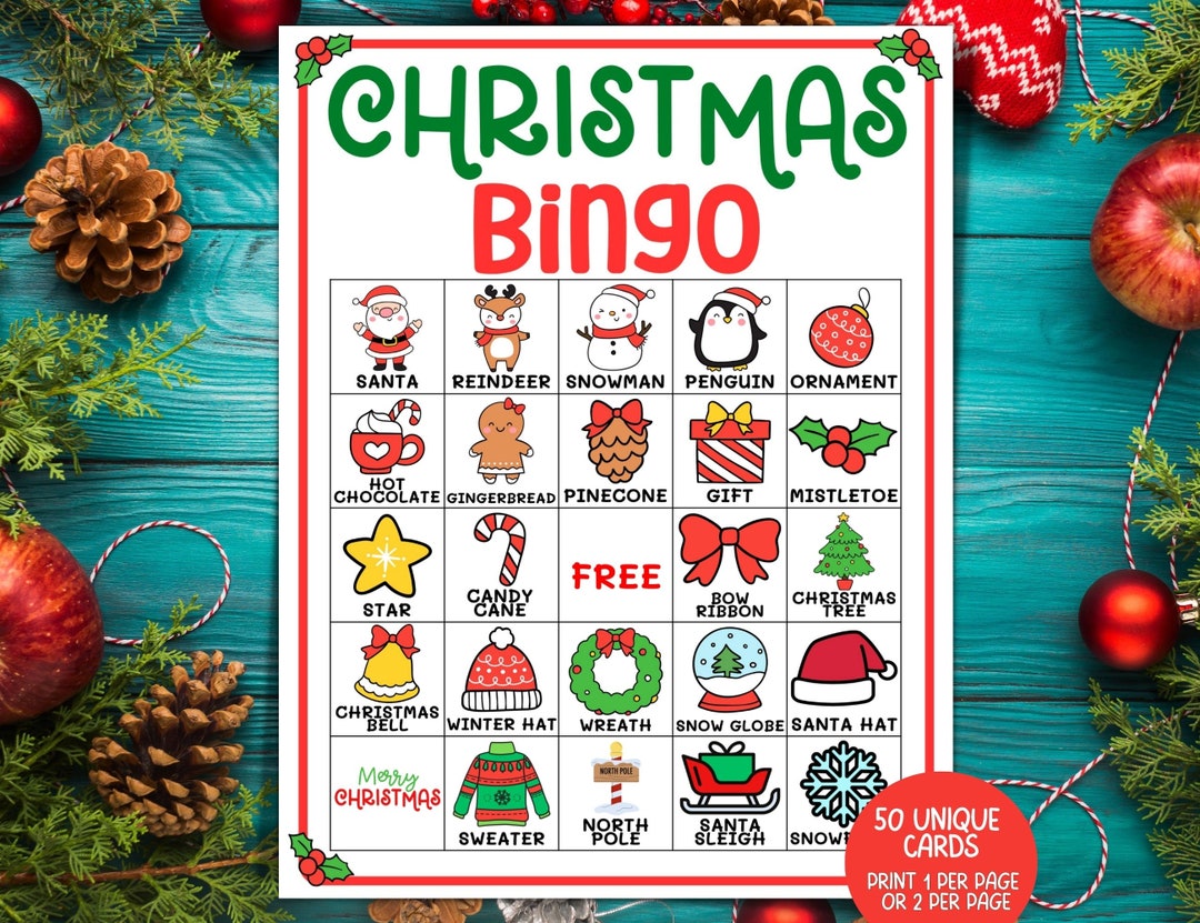 christmas bingo, 50 printable bingo cards for kids adults, easy