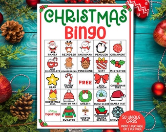 May include: A Christmas Bingo game card with a festive design. The card features a grid of Christmas-themed images and words, including Santa, reindeer, and a Christmas tree. The words "CHRISTMAS BINGO" are at the top.