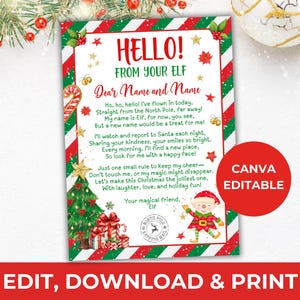 May include: A Christmas card with a red and green border, featuring the text "HELLO! FROM YOUR ELF" and a poem. A red circle with "CANVA EDITABLE" is on the right. The bottom reads "EDIT, DOWNLOAD & PRINT". Festive decorations surround the card.