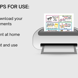 May include: A printable set of cards with questions and illustrations. The cards are designed for use in a classroom setting. The text on the cards includes questions such as "What do you call a cow with no legs?" and "Why couldn't the bicycle stand up by itself?"