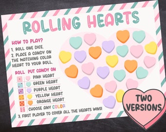 Valentines Day Candy Dice Game, Printable Rolling hearts Valentine Games for Kids, kids Valentine Activity, School Valentine Party Printable